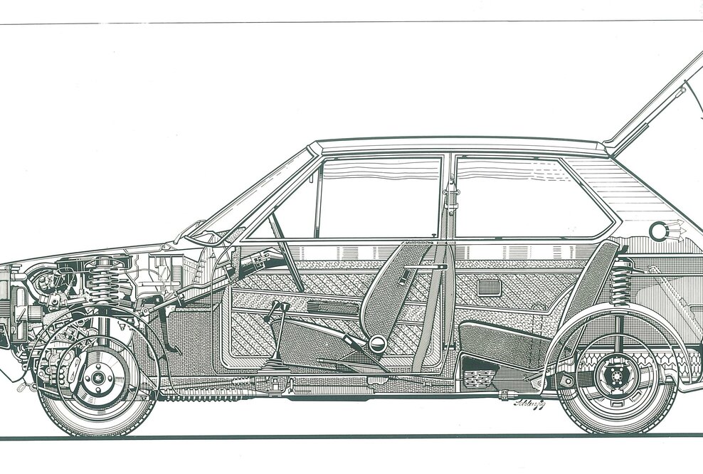 Eine so genannte Röntgenzeichnung des Audi 50. Vor 50 Jahren kommt der erste deutsche Kleinwagen auf den Markt